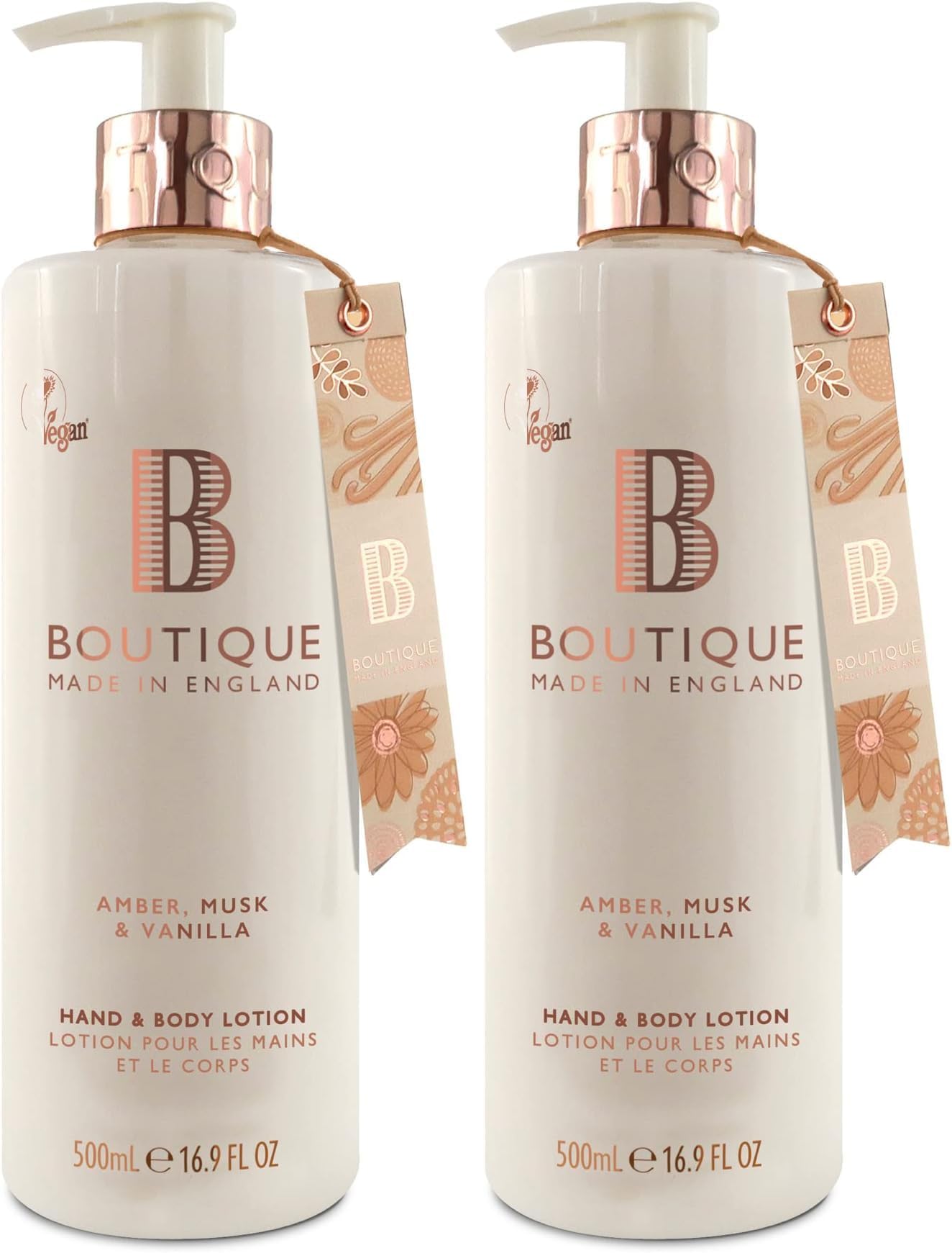 Boutique Amber, Musk & Vanilla Hand & Body Lotion 500ml - Essential Oils - Vegan - Made In England (Pack of 2)