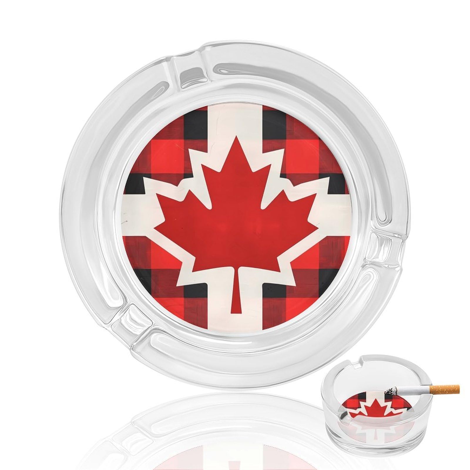 Canadian Flag Farm Buffalo Plaid Ashtray Portable Round Glass Outdoor Ash Tray for Home Office Garden Pub