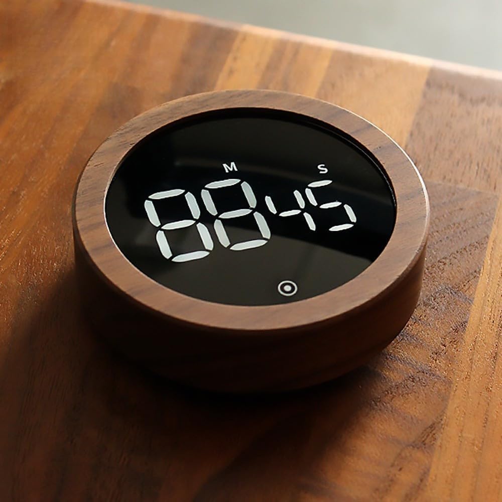 Wood Grain Kitchen Timer Rotating LED Digital Display Magnetic Countdown Countup Timer with Round Wood Grain Case for Cooking Baking Home Kitchen Tool Compact Portable