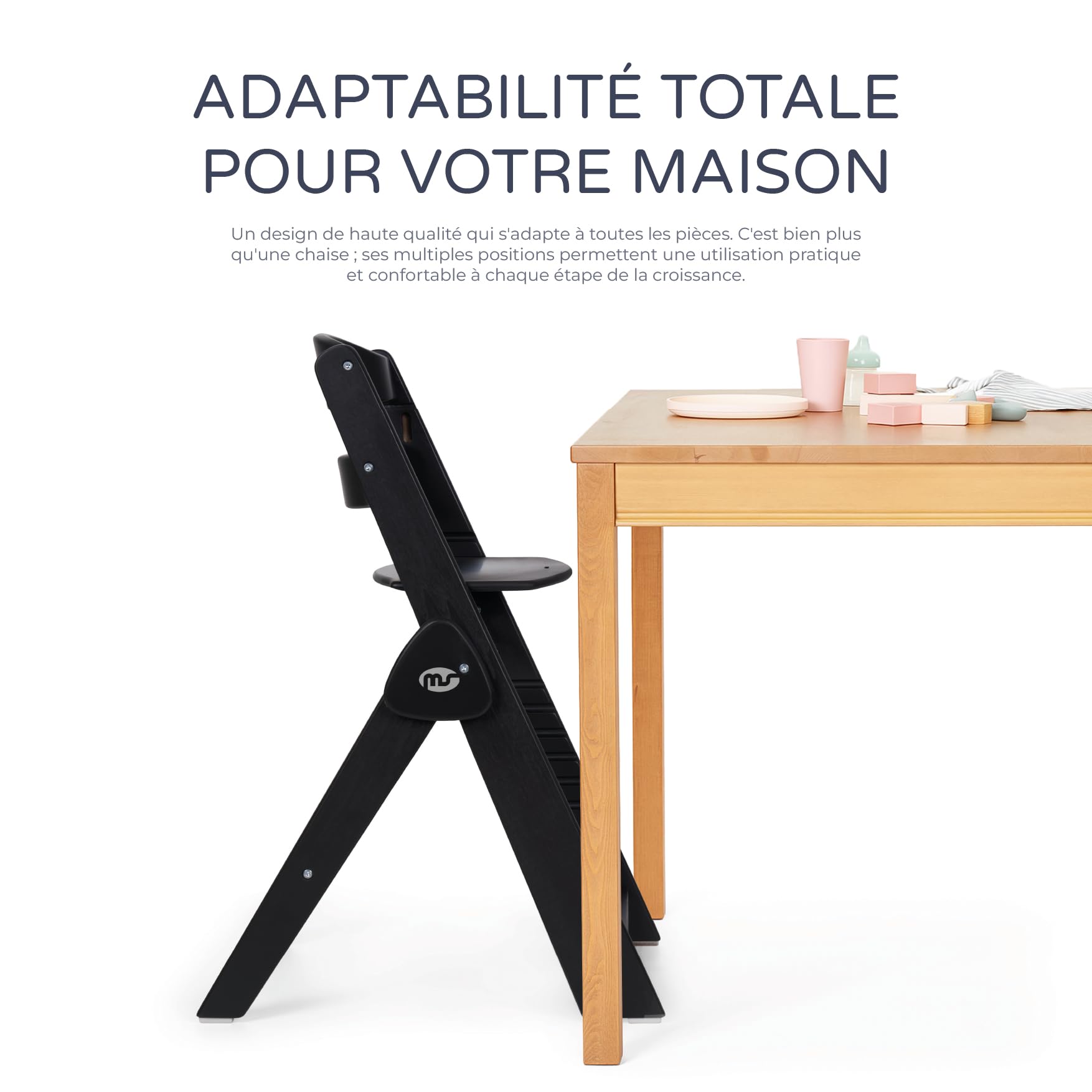 ms Chaise haute pour bébé en bois pliable – évolutive – Chaise haute, ergonomique, réglable, sécurisée, noir/blanc