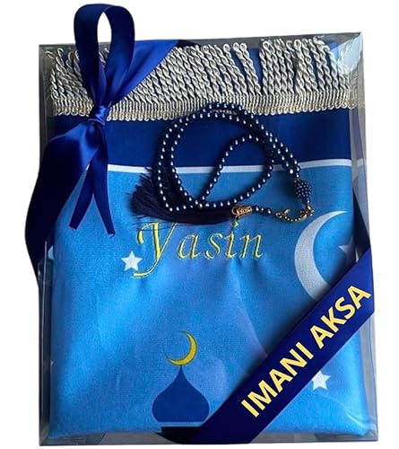 Imani Aksa Gebetsteppich mit Namen Bestickt Tesbih Personalisierter Gebetsteppich Prayer Mat Islamische Geschenke Seccade Ramadan Bayram Kinder Erwachsene (Blau., Kinder)