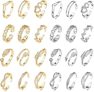 YVOETN 24PCS Adjustable Open Toe Rings Set for Women - Gold Silver Beach Foot Jewelry Arrow Star Moon Leaf Designs