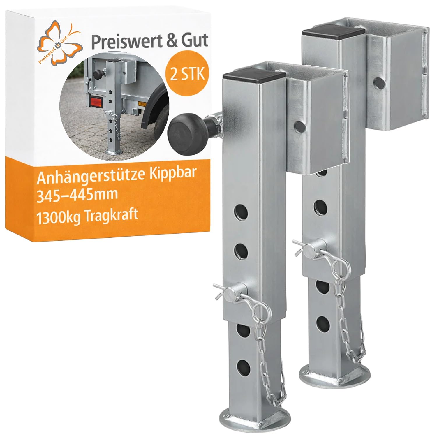 Preiswert&Gut 2X Anhängerstützen & Kurbelstütze Wohnmobil – Stütze 1300 kg, Stahlrohr 60x60 mm, kippbar – höhenverstellbar 345–445 mm Ausdrehstütze und Wohnwagenstützen Anhänger