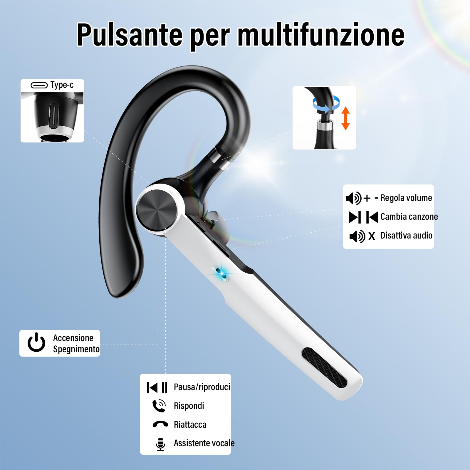 Auricolare Bluetooth Singolo G2 – 60 Ore Di Autonomia, CVC 8.0, IP7, Per Lavoro E Guida