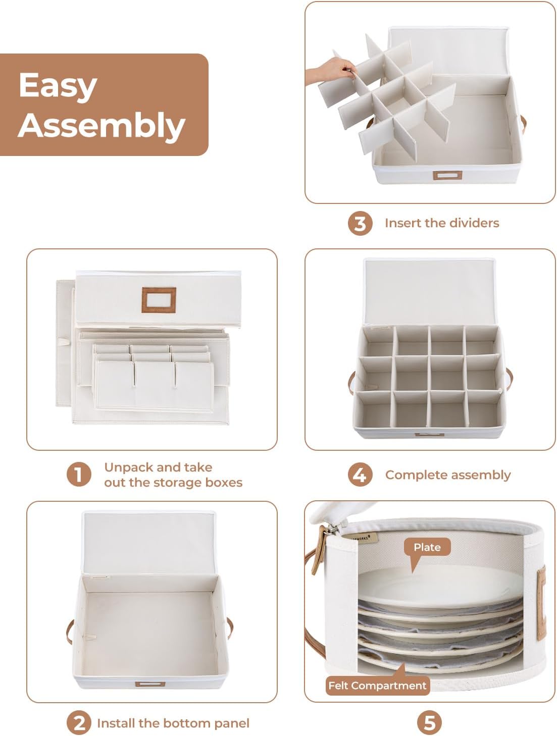 StorageWorks China Storage Containers, Hard Shell China Storage Boxes for Dishes, Plates and Mugs, Stemware Storage Cases, Holds up to 12 Place Setting, Foldable and Stackable Organizer, 5 Pack, Beige