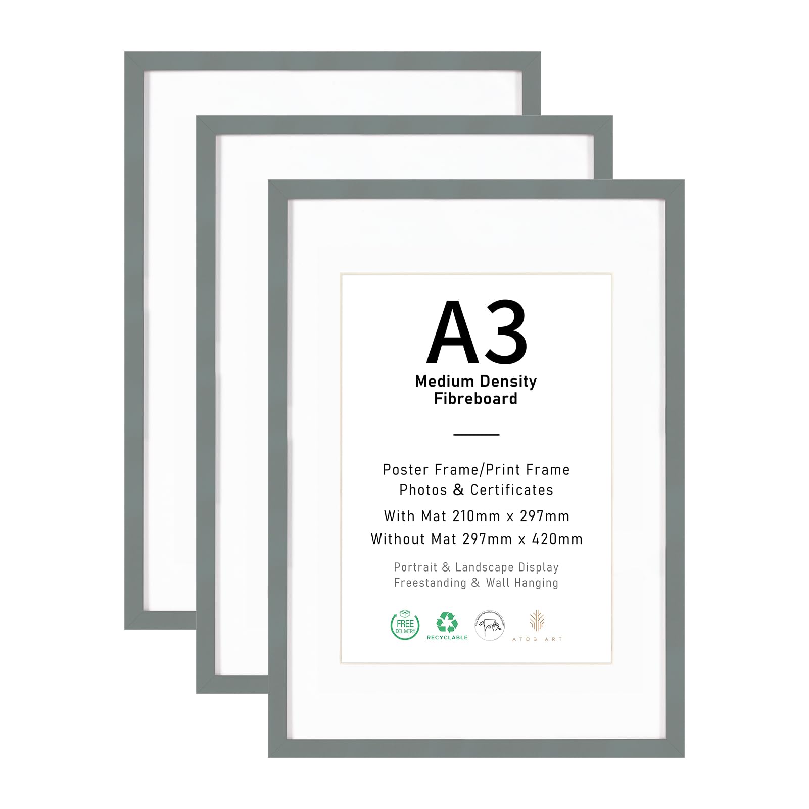 A3 Picture Frame Set of 3, Display A4 with Mat or A3 without Mat, Dark Grey Wood Photo Frames for Wall Mounting or Table Top Display