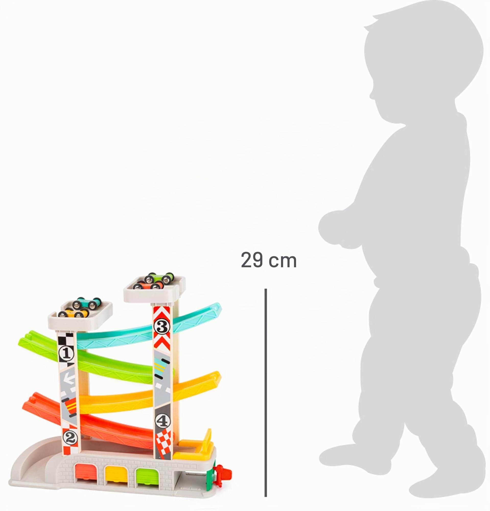 Small Foot 11361 Pista con parcheggio e Garage, Set da Gioco con 4 Piani, Quattro Auto ed Un distributore di Benzina, da 3 Anni.