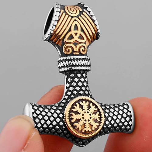 Vista 4 de Nordic Viking Mjolnir Thor Hammer Vegvisir Brújula Collar Nordic Jewelry 9V0DU (mezcla dorada)