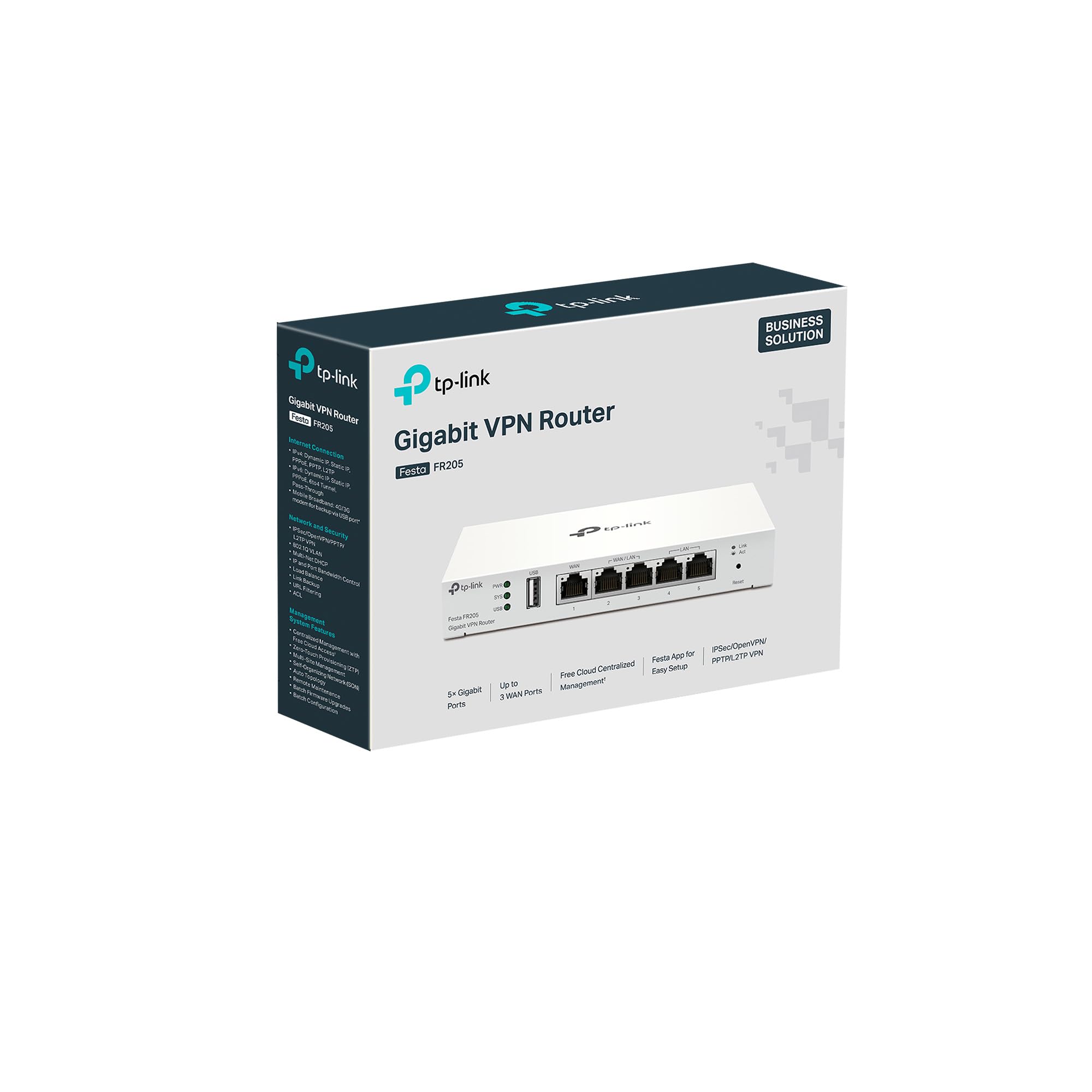 TP-Link Festa FR205 Gigabit VPN Gateway, ohne WiFi, 5× Gigabit-Ports, 1× USB WAN-Port, unterstützt IPSec, PPTP, L2TP und OpenVPN, Kostenlose Cloud-Verwaltung, Business-Level-Qualität