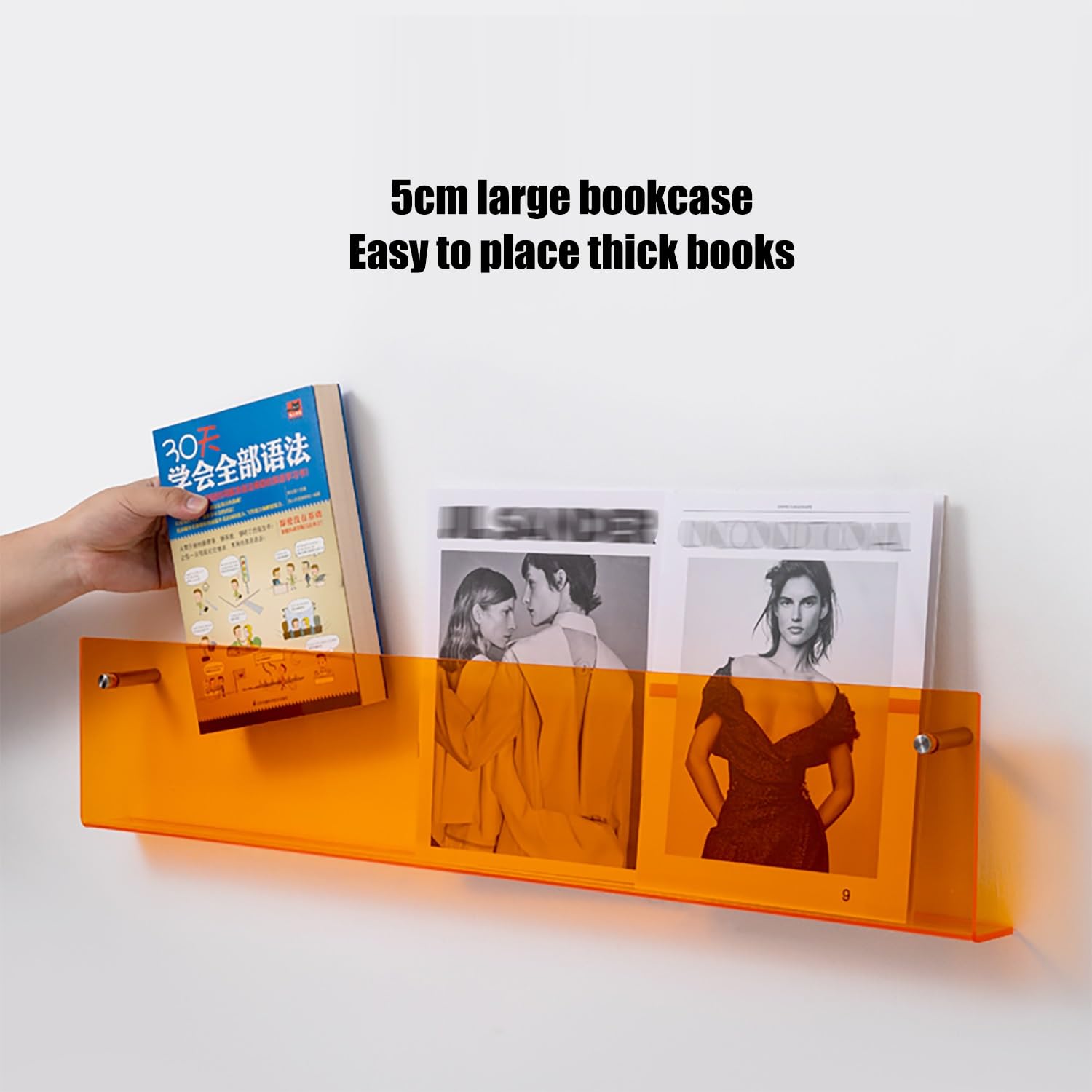 Supporto da parete in acrilico trasparente per riviste e dischi in vinile, elegante libreria da appendere per ufficio, caffetteria, sala d'attesa e casa (fluorescente, 120 x 15 x 5 cm)