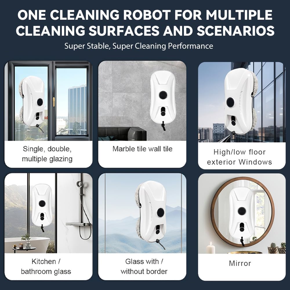 Robot pulitore per finestre, design ultrasottile, robot per finestre a doppia uscita con nebulizzazione ad ultrasuoni, 3 modalità di pulizia, pianificazione intelligente del percorso, sistema