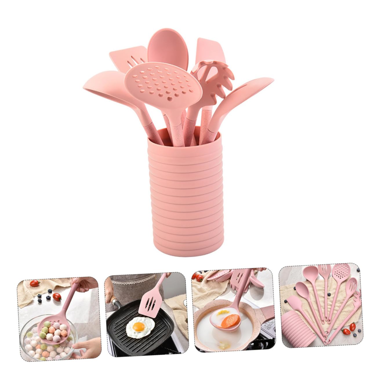 Cabilock Set De Utensilios De Cocina De Silicona Espátula Cucharón Pala Colador Cuchara Mango De Madera Diseño Ergonómico