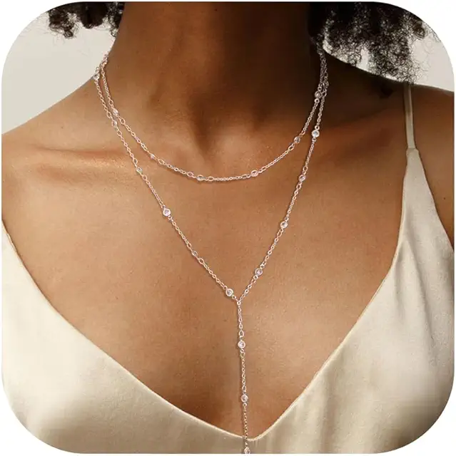 Collier en Y Argent Délicat avec Pendentif Zircone - Bijou Fantaisie Femme
