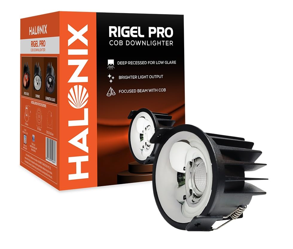 Image of Halonix Rigel Pro 7W Chrome Finish Black Led Recessed COB Light | Ceiling Mountable : Warm White, Pack of 1 COB Downlighter | Cut Out-2.3 Inch |