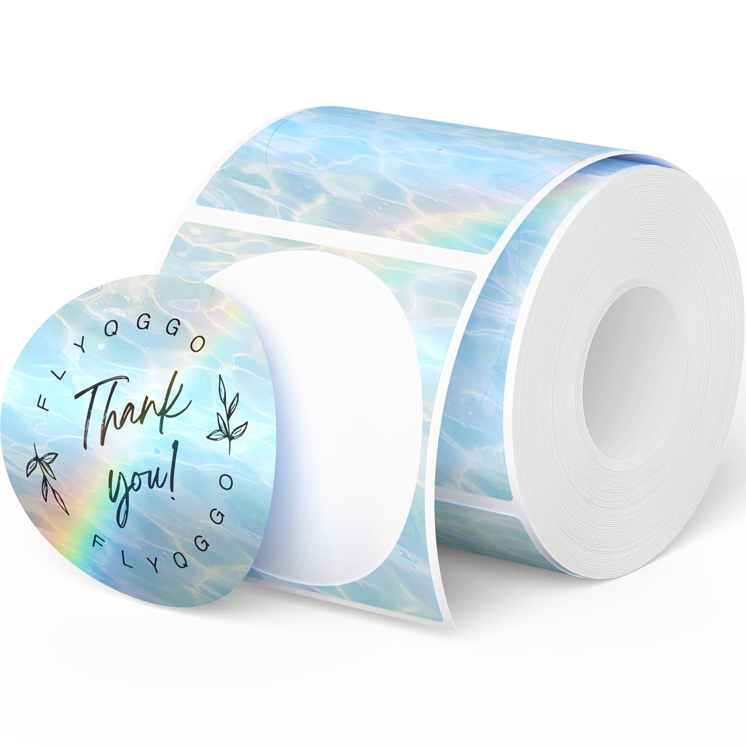 FLYQGGO 2 Inch Round Holographic Glitter Sticker Labels, Printable Thermal Labels for Gift Wrapping, Name, Price Tags, Custom Logo, Compatible with Rollo & MUNBYN Printers (200 Pcs/Roll), Light Blue