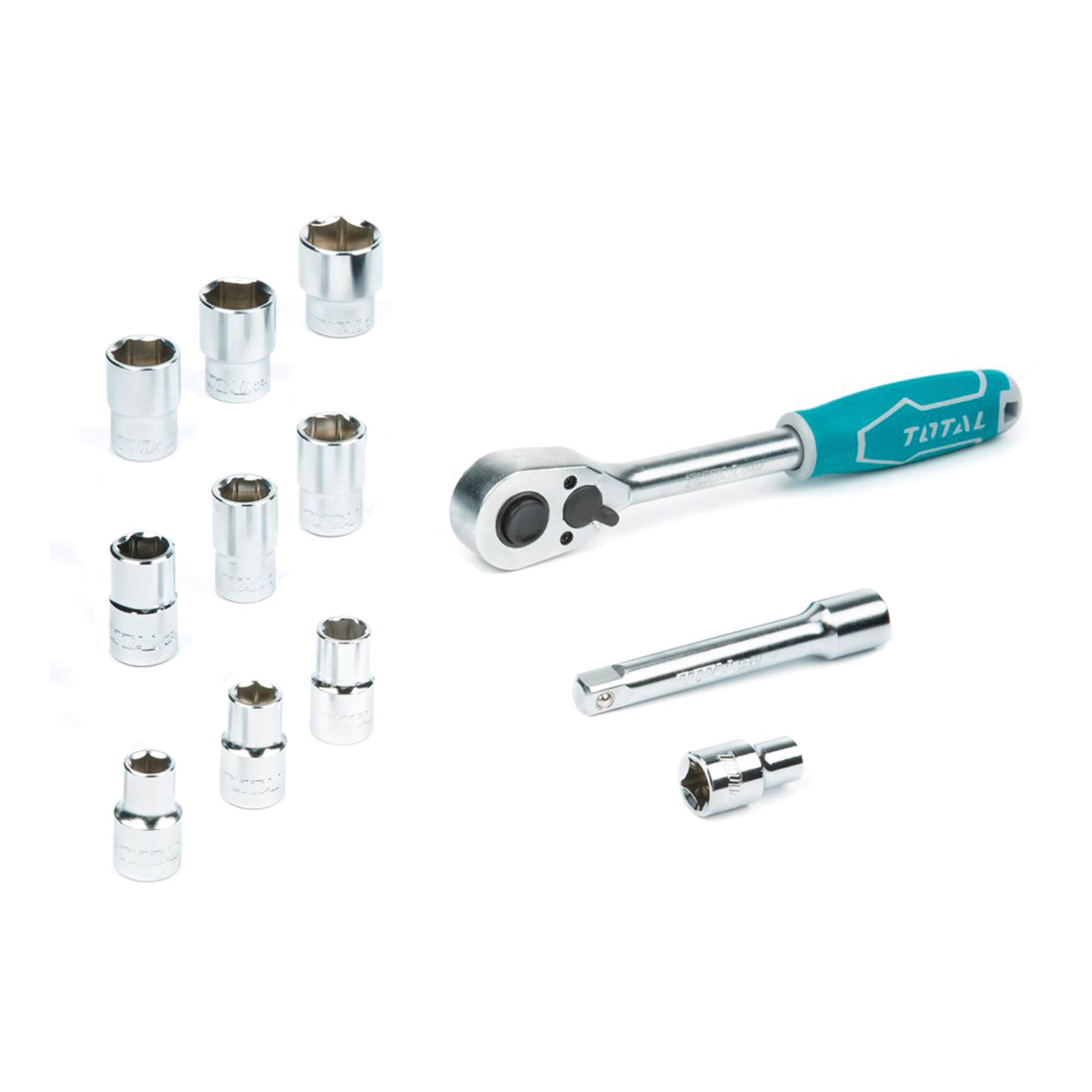 TOTAL - Set di chiavi a bussola a cricchetto | 12 prese cromate con inserto da 1/2 '' | Per stringere e allentare le viti | Chiave a cricchetto da 45 denti | Prolunga da 100 mm | Cromo Vanadio
