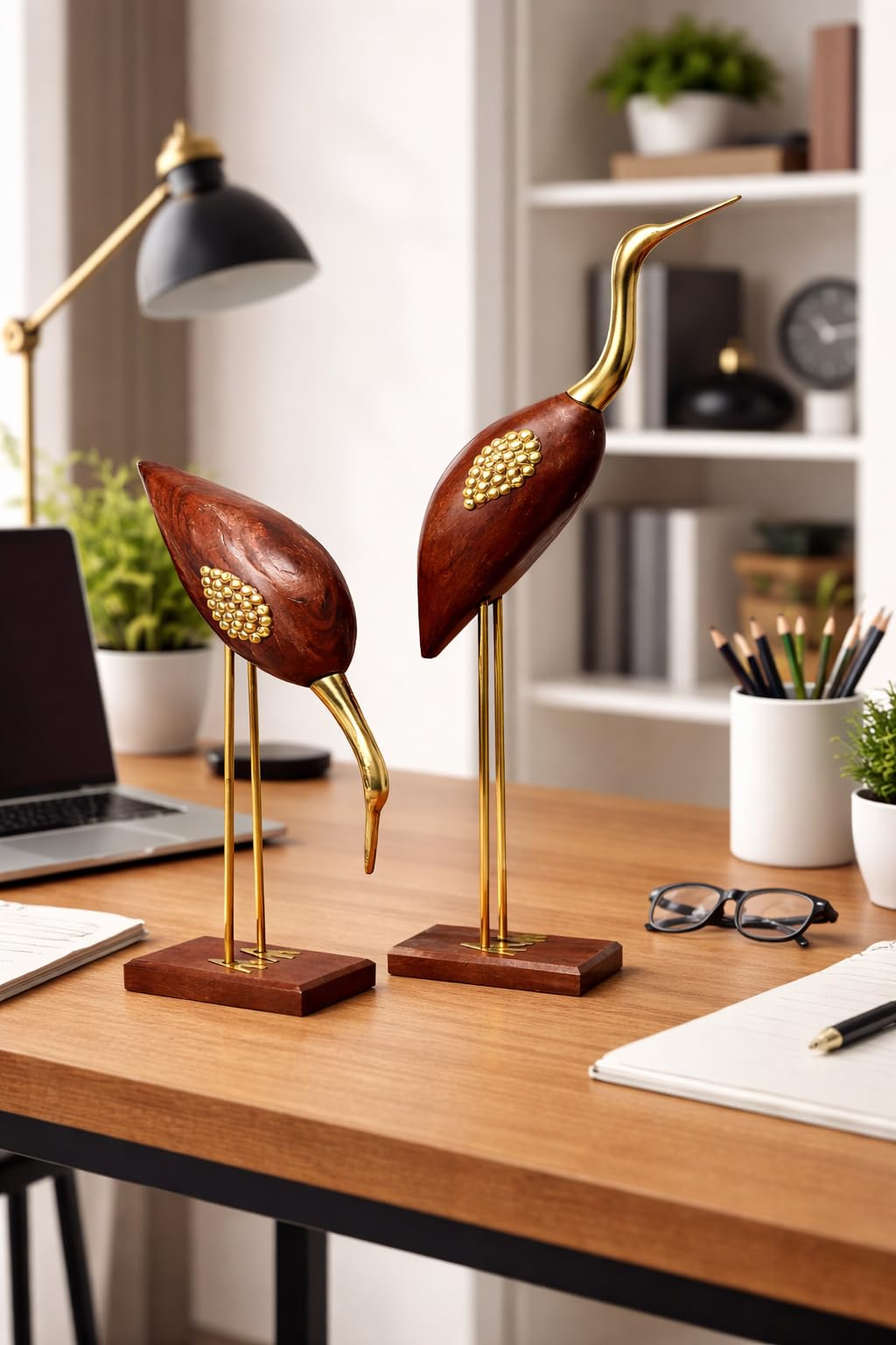 Buy SNOWGREEN EXPORT Elegant Twin Crane Wooden Showpiece – Brass