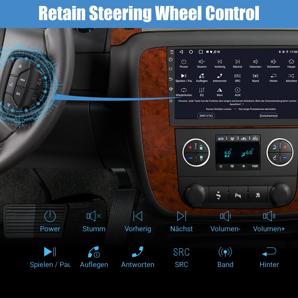 Steering wheel controls interacting with the car stereo display, showing various functions like power, mute, track skip, and volume adjustment.