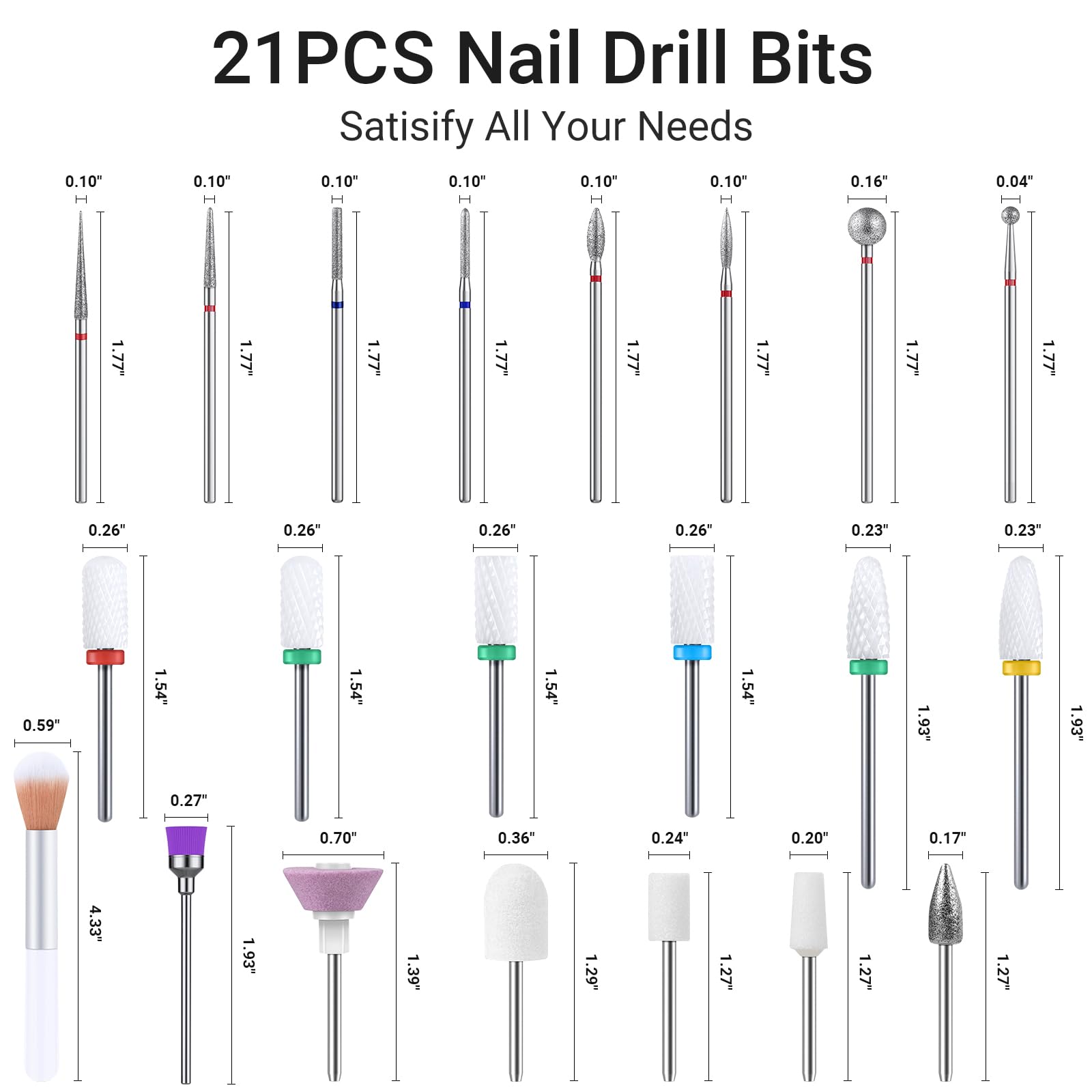 Juego de 21 brocas de uñas con estuche de soporte portátil, kit de herramientas de arte de uñas de gel acrílico de carburo de diamante de cerámica de 3/32 pulgadas, broca removedor de 8