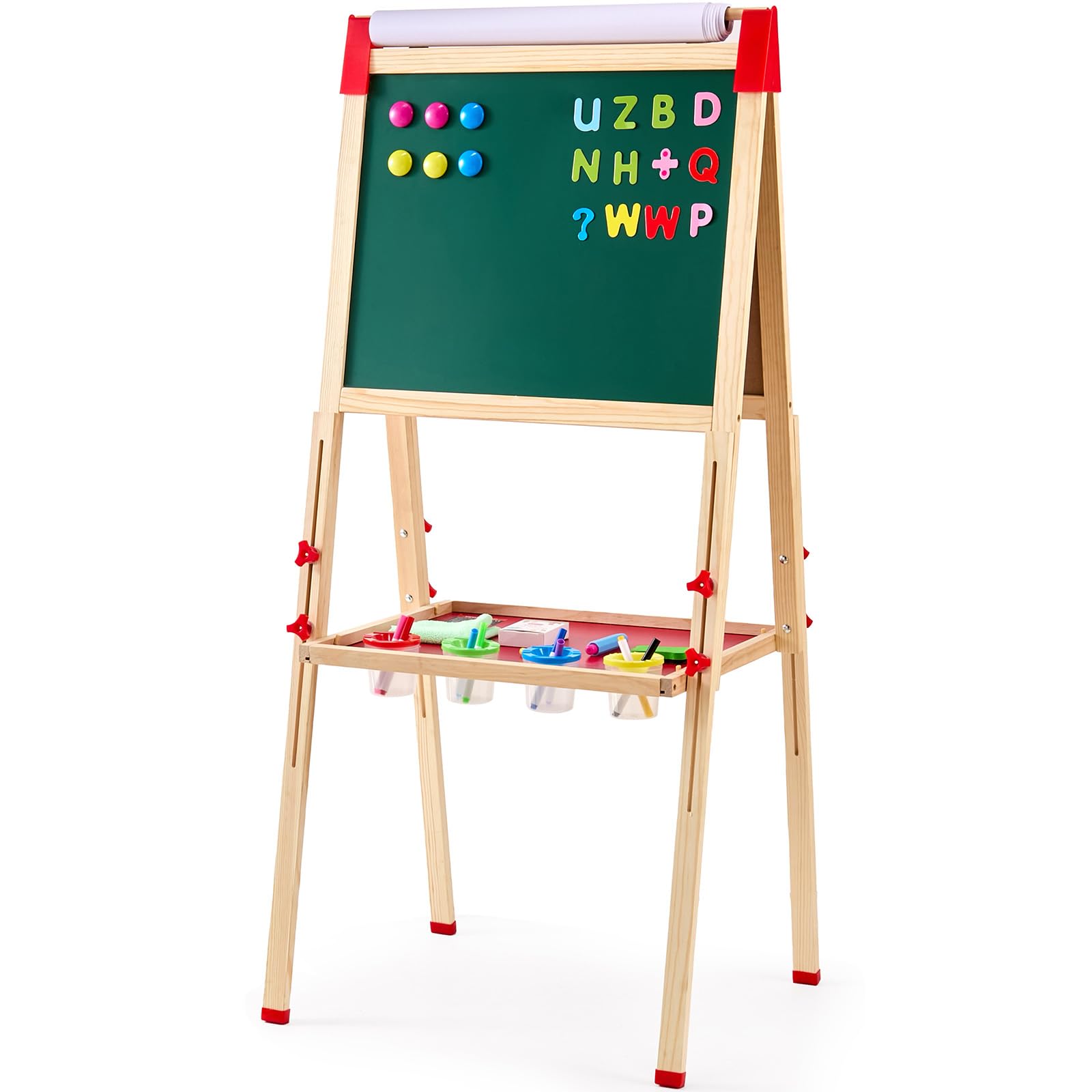VEVOR 3 en 1 Caballete de Arte Caballete de Madera de Doble Cara para Niños con Pizarra Magnética, Pizarra y Rollo de Papel, Tablero de Dibujo Ajustable con Accesorios de Pintura para Niños