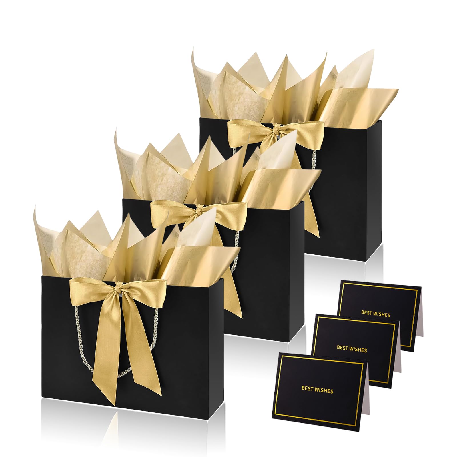 Black Gift Bags for Presents,3P Medium Present Bags with 6 Metallic Gold Tissue/3 Card,Personalised Birthday Gift Paper Bag with Ribbon,28*20*10 Black Wrapping Bag for Christmas Wedding Gift Party Bag — image 1