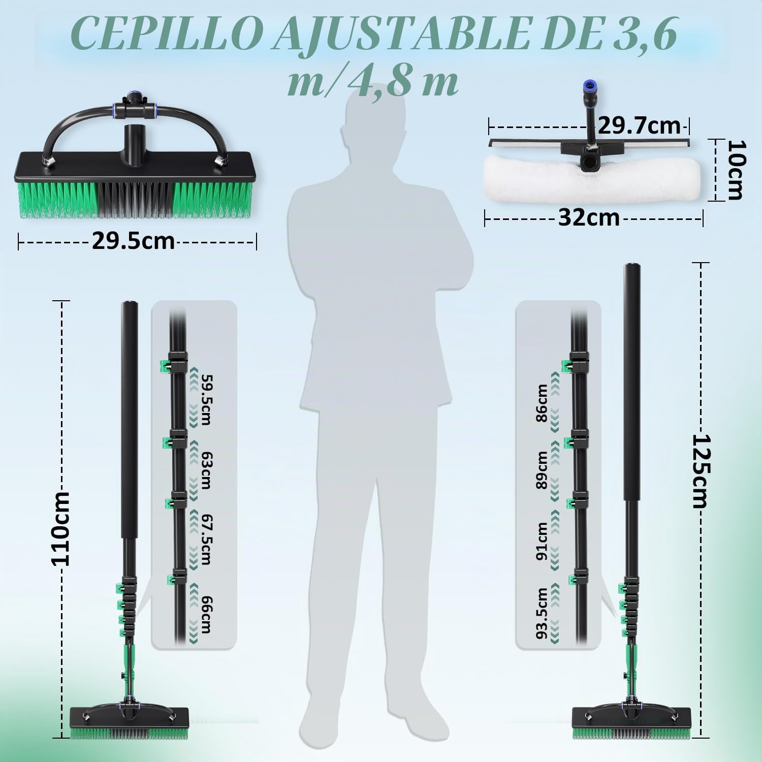 Limpiador de ventanas telescópico, 3,6 m, juego profesional de cepillo de lavado, pulverizador con depósito de espuma, extractor y 10 accesorios