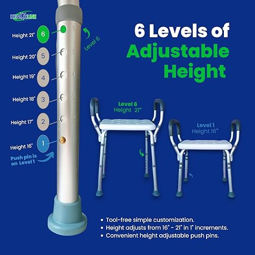 Miniatura 6 de HEALTHLINE Banco de ducha ajustable con brazos, asiento de baño ligero con asas acolchadas, altura de 15 a 20 pulgadas, asiento de plástico blanco