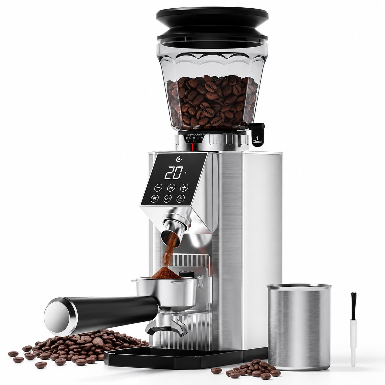AMZCHEF Burr Coffee Grinder - 45 Precise Grind Settings for Espresso/Cold Brew, Adjustable Portafilter Holder & LED Touch Display, Anti-Static, Home Use