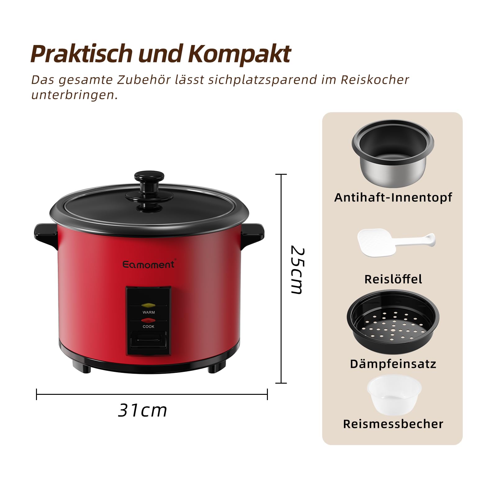 1.8L Arrocera y vaporizador negro, 700 W, funciones para cocinar arroz para 1 – 10 personas, olla extraíble antiadherente, vaso medidor y cuchara de arroz, rojo