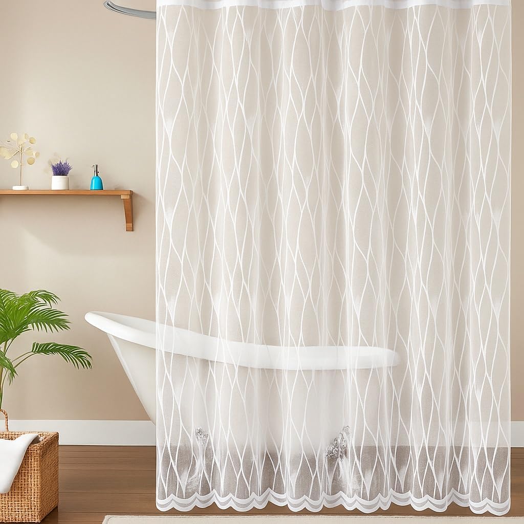 Warm Home Designs 72 Inch Geometric Shower Curtain. White Lace Shower Curtain Fabric Features Flowing Geo Design. Luxury Bathroom Drapes for Modern or White Bathroom Decor. RIS White 72