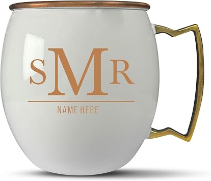 Custom Copper Moscow Mule with Smooth Painted Finish - Engraved Bar Style 100% Copper Cup with Personalized Typography 1 Monogram Themed Engraving, Brass Handle | 18 oz, White