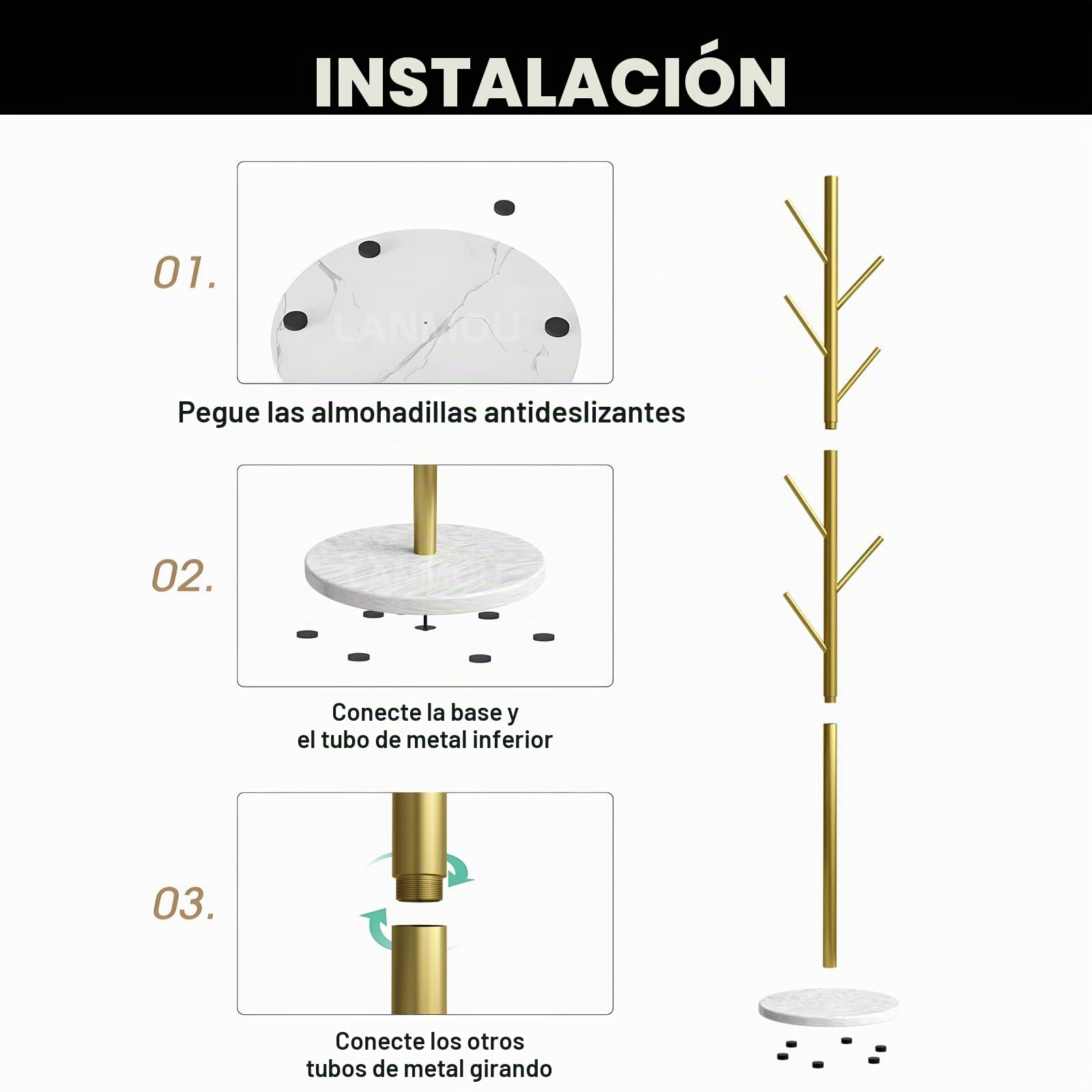 Perchero, Perchero de pie de Metal con Base de Mármol Estable, Oro, 7 Ganchos para Abrigo, Sombrero, Bolso, para Entrada, Pasillo, Dormitorio o Recibidor, H 170cm