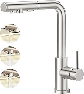 3 Wege Küchenarmatur mit 3-Funktion-Brause ausziehbar, Spültischarmatur Spülenarmatur Armatur Wasserhahn Küche für Wasserfilter Osmoseanlagen Edelstahl gebürstet 110236
