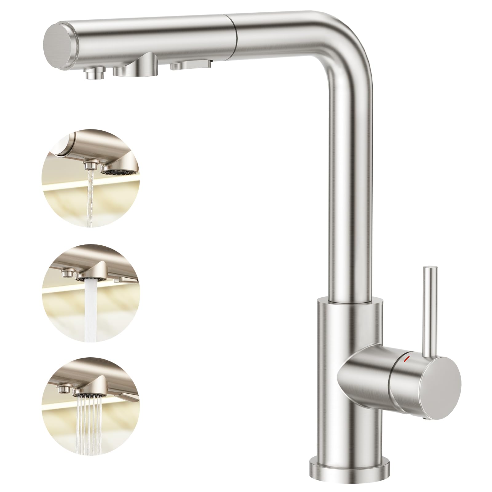 Grifo para Fregaderode Cocina de 3 Vías con Ducha extensible de 3 Funciones, Grifo de Cocina para Filtro de Agua, Sistemas de Ósmosis, Acero inoxidable cepillado
