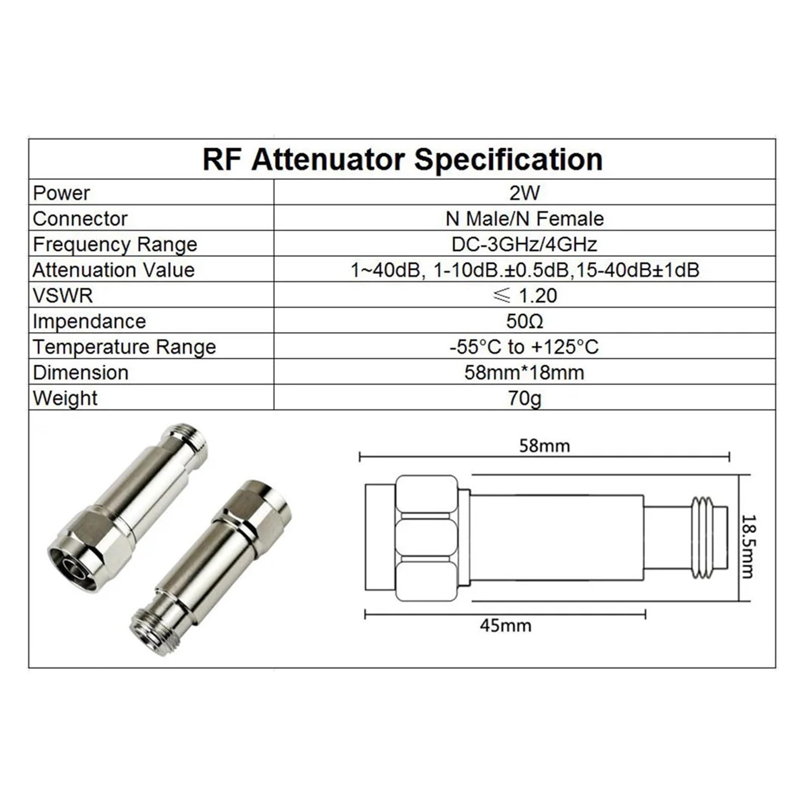 Attenuatore 2W Attenuatore Tipo N DC-3Ghz/4Ghz 1/2/3/5/6/10/15/20/30db/40db N Maschio a Femmina Alimentazione coassiale Maschio a Femmina 50ohm(15db,3GHz)