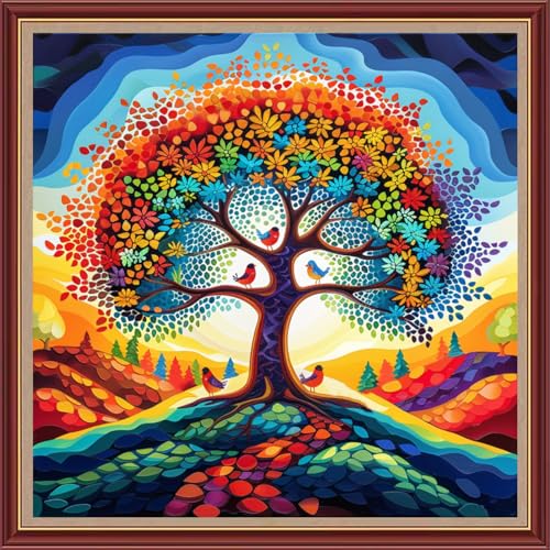 Image of Fanxvivy Stamped Cross Stitch Kits for Beginners Full Range of Cross Stitching Preprinted Embroidery Kits for Adults, 11CT Embroidery Pattern Needlepoint Kits-Tree of Life Bird 18x18 inch