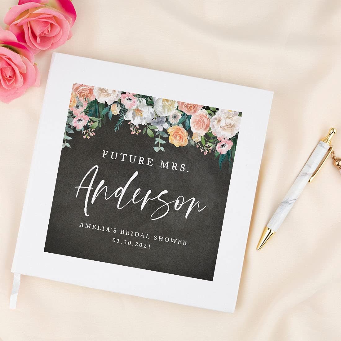 Andaz Press Personalized Chalkboard with Florals Future Mrs Bridal Shower Scrapbook Notebook Photo Keepsake Guest Book DIY Photo Album Memory Book Gift for The Bride to Be 120 Pages 8.5 x 8.5-Inches