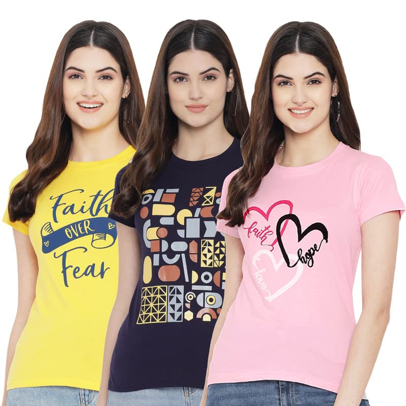 Image of Preneum Women's Cotton Regular Fit Graphic Stylish Printed Short Sleeves Casual T-Shirt || Trending & Stylish (Pack 3), Yellow & Navy Blue & Pink, S