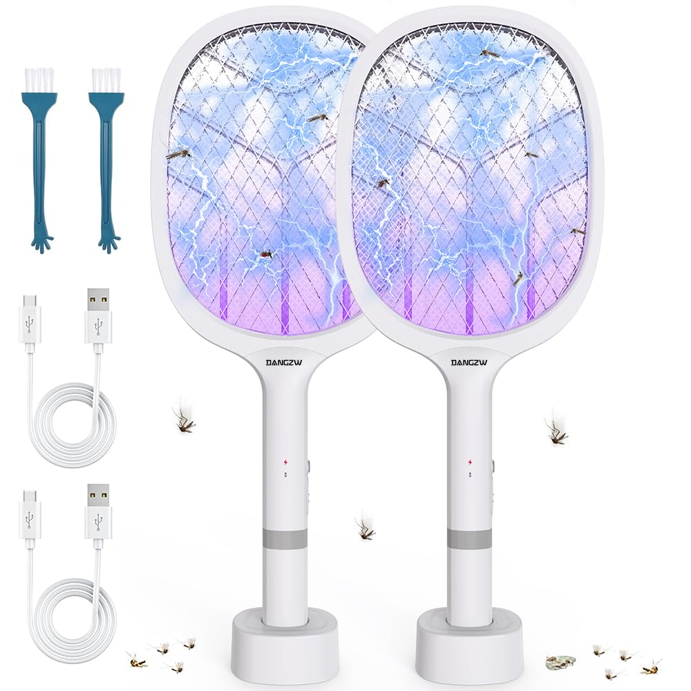 DANGZW Elektische Fliegenklatsche, 4800V Elektrische Fliegenfänger UV mit Ladebasis, 2 in 1 USB Wiederaufladbarer Fliegenklatsche Elektrisch, Elektrischer Mückenklatsche für Fliegen Mücken Bienen