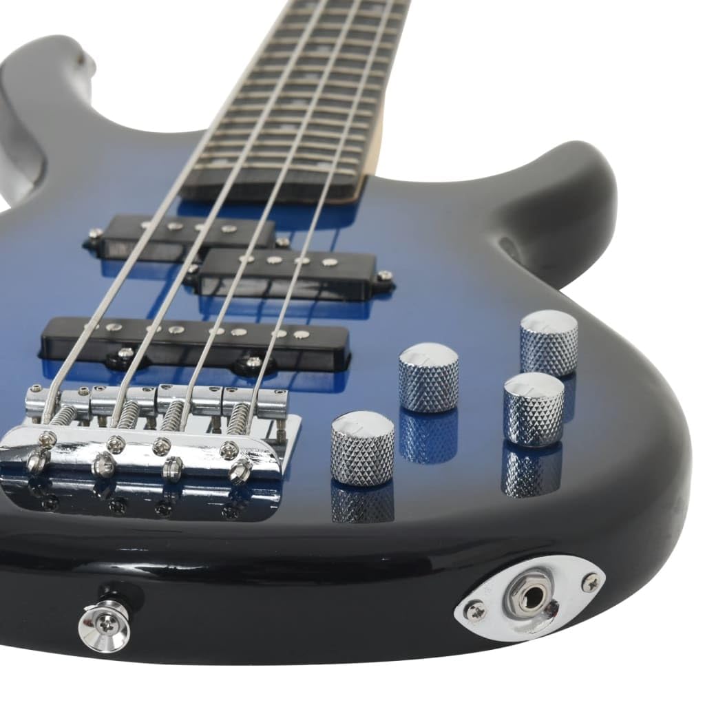 E-Bass für Anfänger 4/4 46 Zoll mit Tasche, Stimmgerät, Plektrum und Gurt, Massives Birkenholz Bassgitarren-Set in Blau Schwarz für Musik Schule Bühne Hobby und Einsteiger