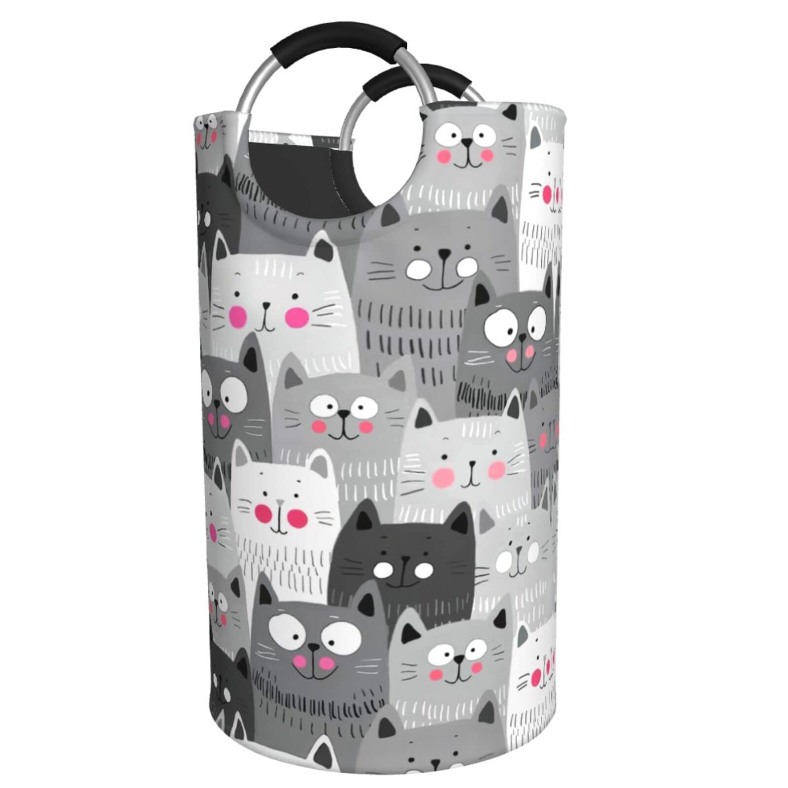 YISUMEILaundry Basket with Handles Clothes Hamper Collapsible Durable Dirty Clothes Storage Laundry Organizer Cartoon Smile Cat Head Pattern (Grey and White)