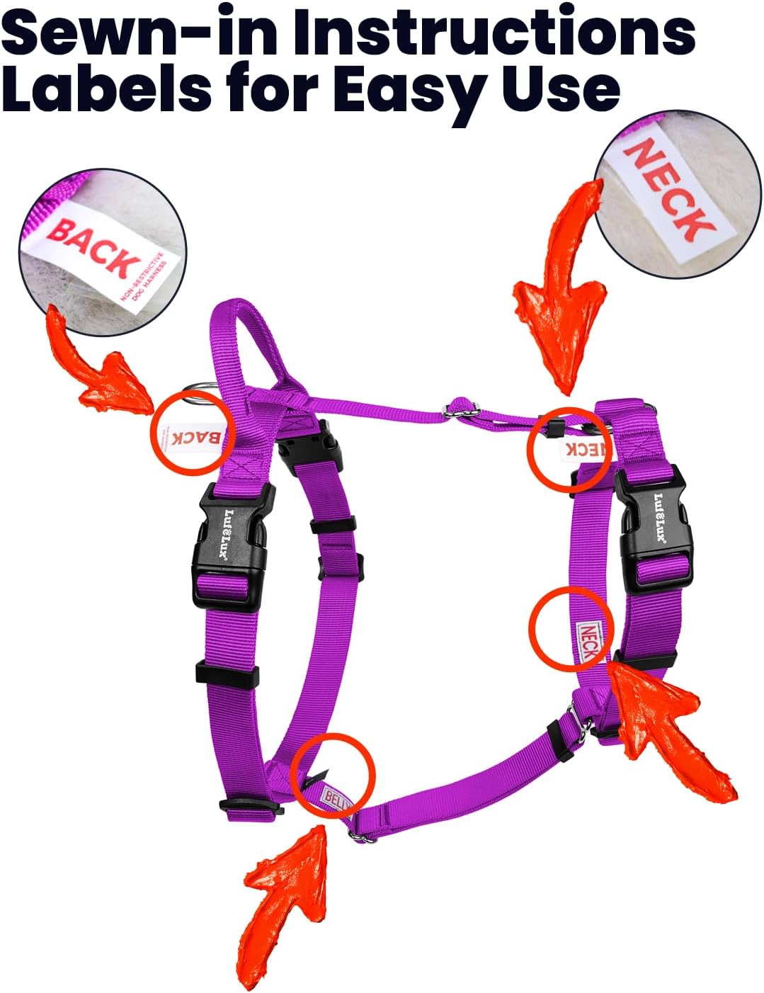 Non-Restrictive No-Pull Dog Harness, Neck Buckle Desgin, Six Points Adjustment, Sewn-in Instructions Labels, for Medium Dog Chest(21-30 inches), Purple