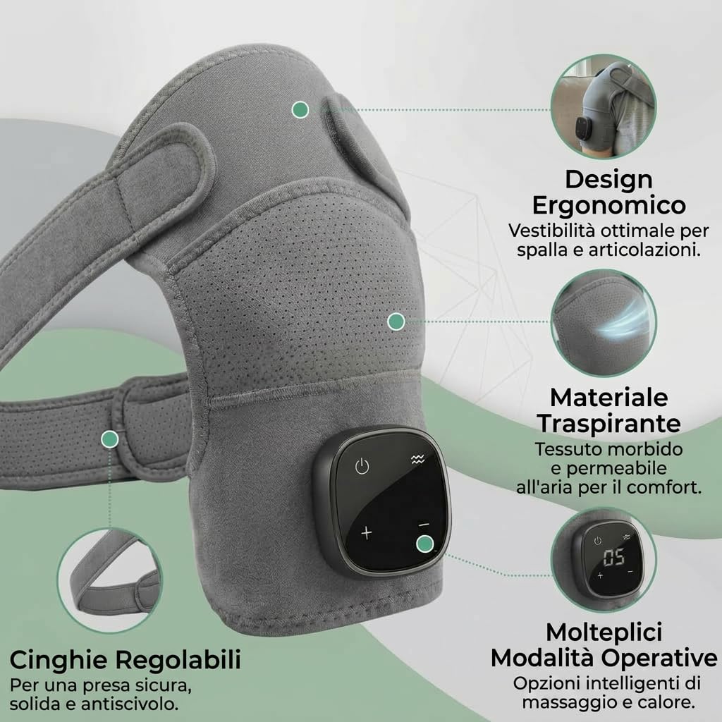 Hewelth Massaggiatore Per Spalle Triple Method – Massaggiatore Spalla Portatile Ricaricabile, Tutore Spalla con Vibrazione Calore e Compressione Aria per Casa e Ufficio (×1)