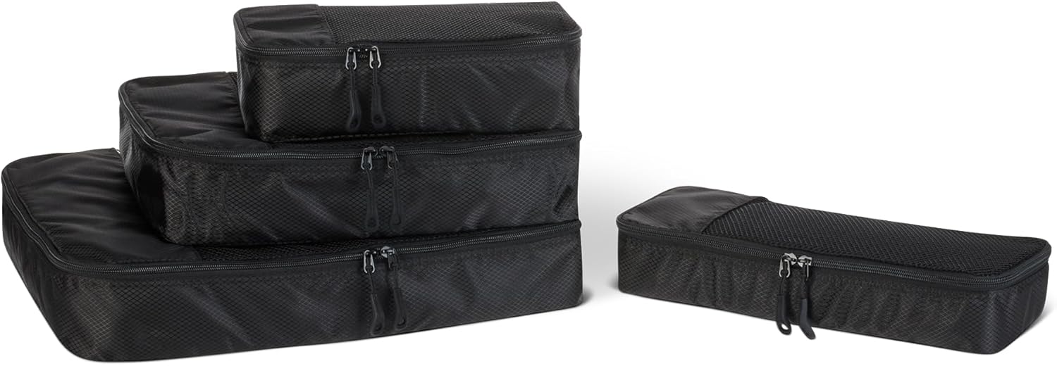 Amazon Essentials 4-teiliges Packwürfel-Reisezubehörset, Gepäckorganizer mit Doppelreißverschluss, Netzoberseite, 100% Polyester, klein/mittel/groß/schmal, schwarz (früher Amazon Basics) - Amazon product rated Grade A