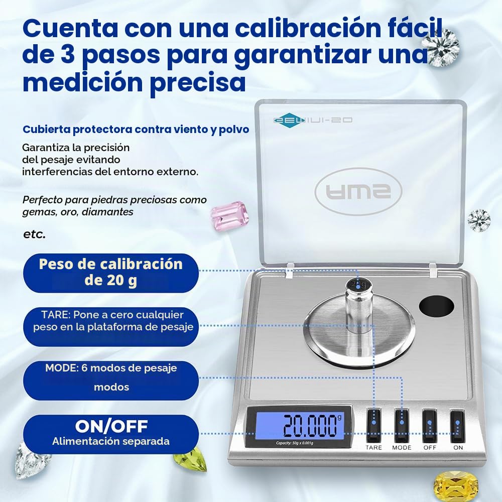 AWS Gemini-50 - Báscula digital de 50 miligramos de 50 g x 0,001 g - Báscula digital para joyas/laboratorio para polvo, oro, gemas - Incluye pesos de calibración, pinzas y bandeja - Tara, cal, 6