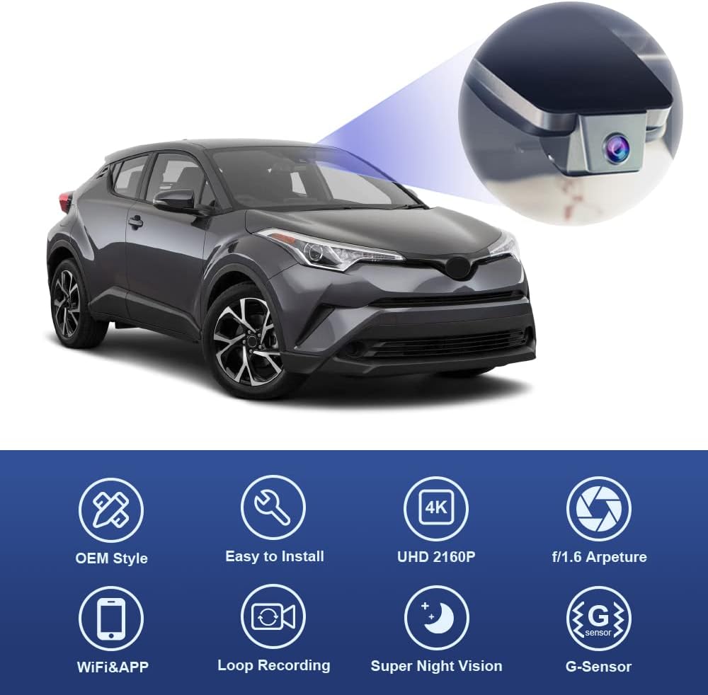 Fitcamx 4K Dash Cam Suitable for Toyota C-HR 2017 2018 2019 2020 LE Limited XLE Premium (Model A), OEM Factory Look, 2160P UHD Video, Loop Recording WiFi, G-Sensor, Easy to Use, 64GB Card