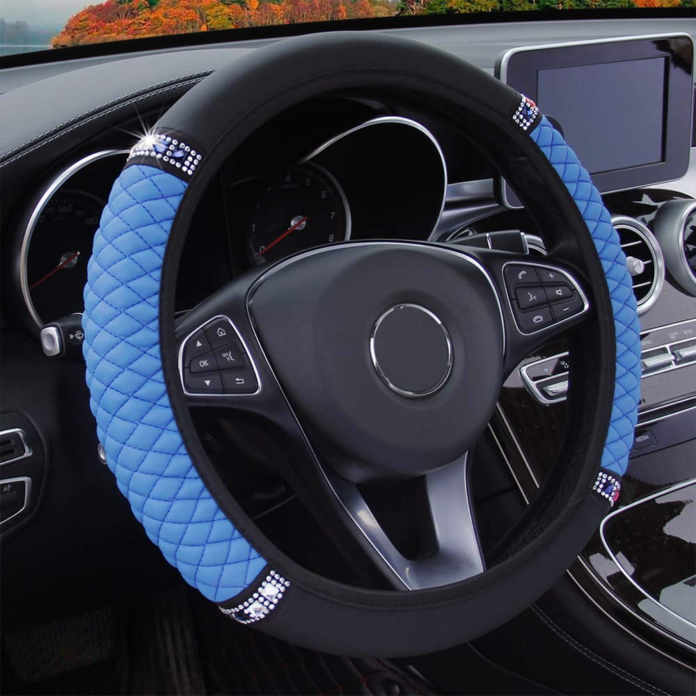 Cute Diamond Leather Black&Blue Steering Wheel Cover with Bling Bling Crystal Rhinestones, Quilted Grid Car Steering Wheel Cover Wrap with Rhinestones
