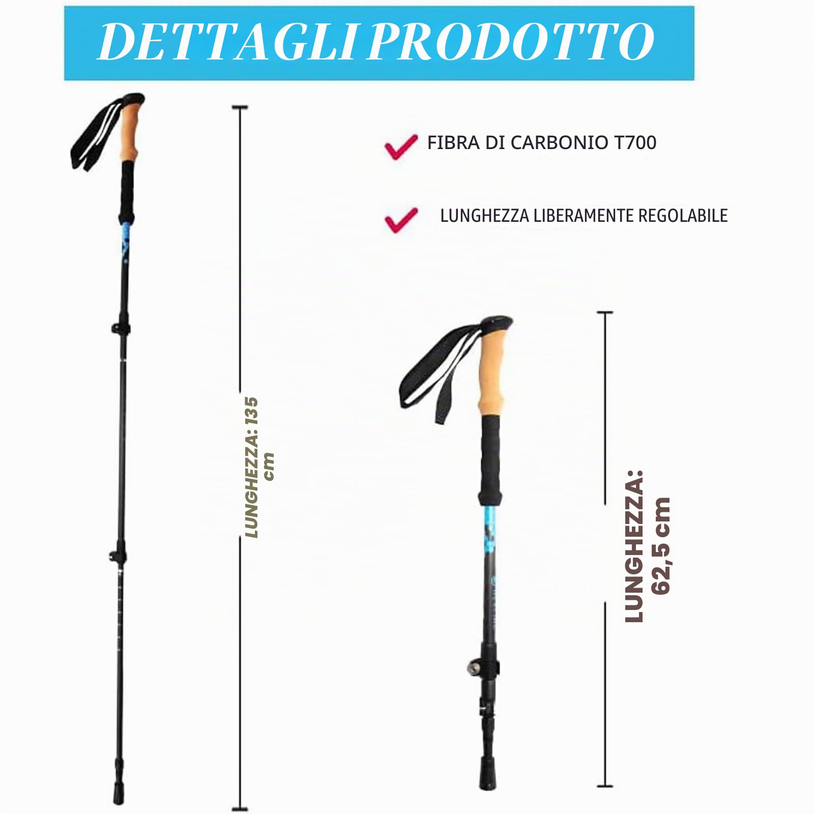 OKHEALING Bastoncini da trekking in fibra di carbonio (1 paio), lunghezza regolabile 105-135 cm, bastoncini da trekking con manico in sughero, adatti per alpinismo, escursionismo, corsa campestre