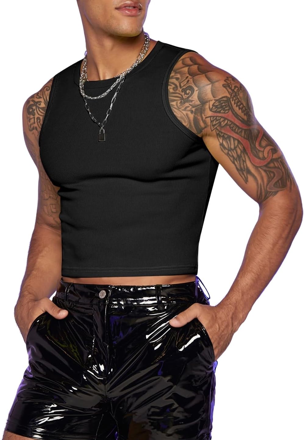 GORGLITTER Men's Cropped Tank Top Y2K Sleeveless Crop Top Slim Fit Muscle T Shirts Fashion Workout Rave Streetwear