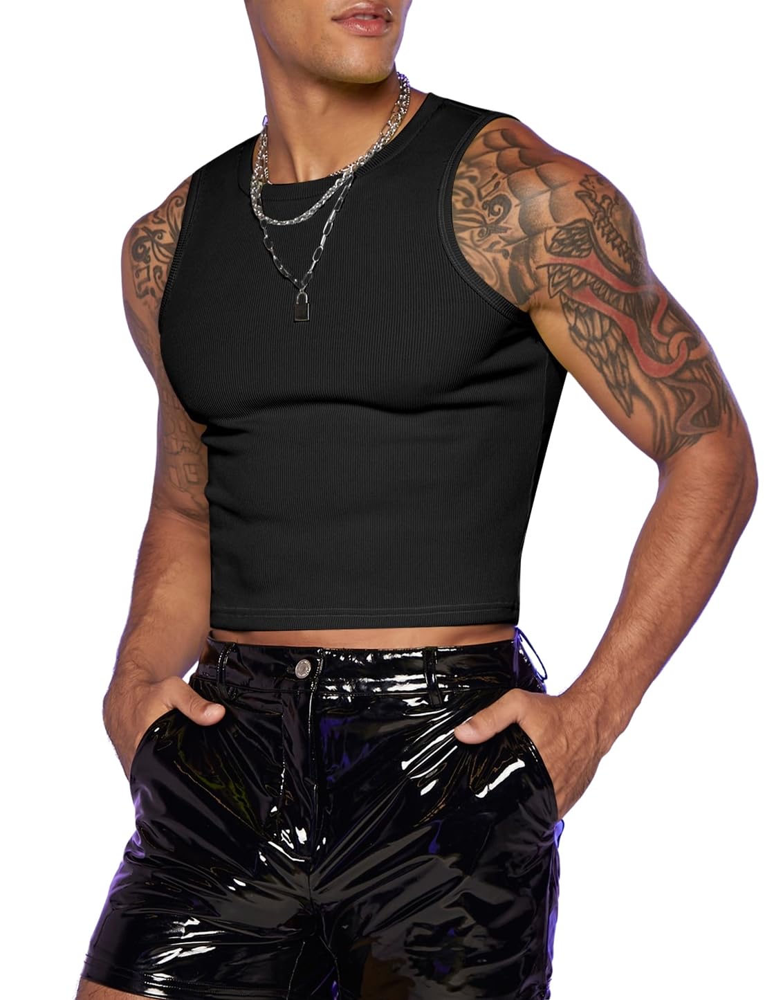 GORGLITTER Men's Cropped Tank Top Y2K Sleeveless Crop Top Slim Fit Muscle T Shirts Fashion Workout Rave Streetwear